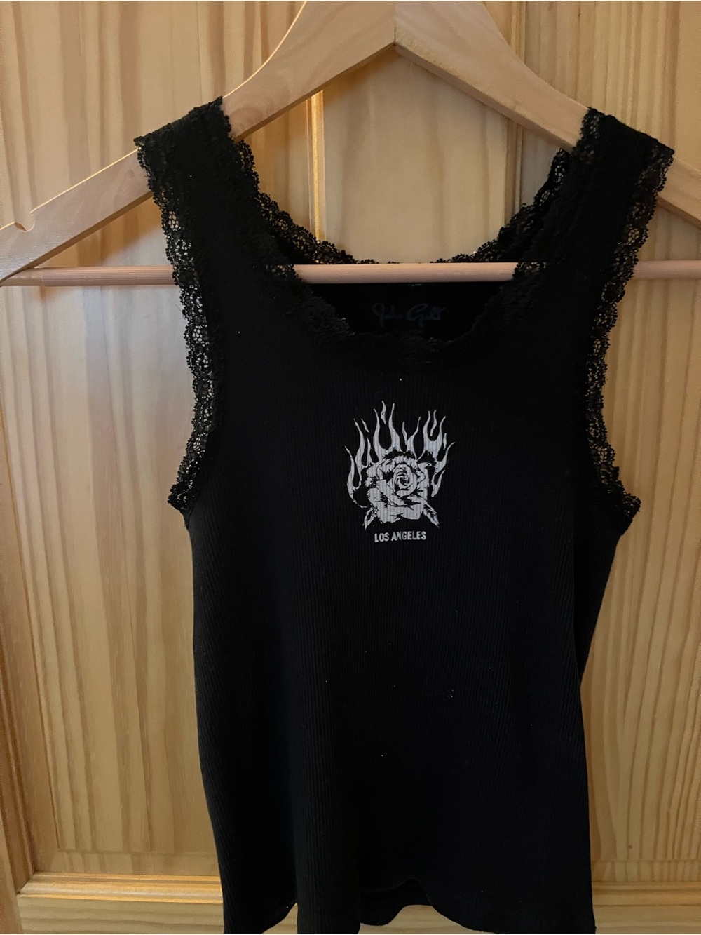 John Galt/Brandy Melville Black Lace-Trim Tank Top with Flame Rose Graphic